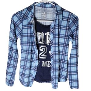 Star Ride girls size 10/12 blue plaid 2fer layered graphic top